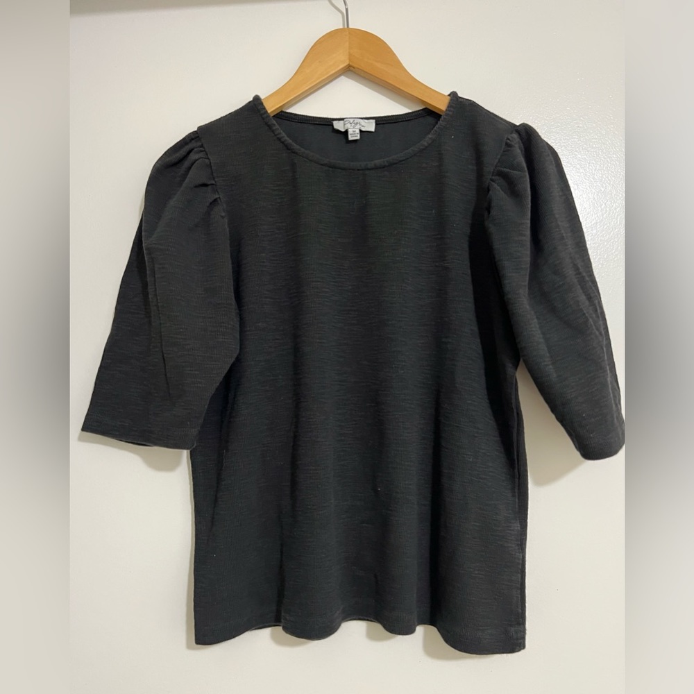 Polagram Women's Black Puff Sleeve Simms Shirt Crew Neck T-Shirt Top